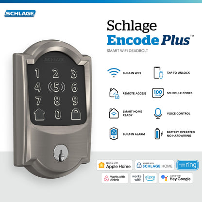 Schlage BE499WB CAM 619 Encode Plus WiFi Deadbolt Smart Lock, Keyless Entry Touchscreen Door Lock with Camelot Trim, Satin Nickel