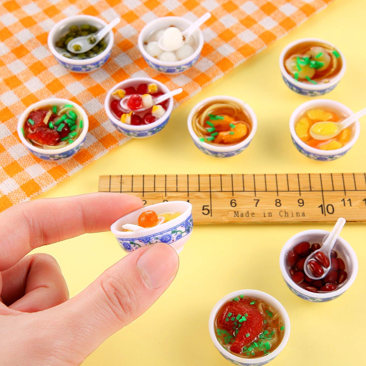 10 Pieces Mini Toy Food Miniatures Chinese Play Food Blue and White Pottery Sweet Soup Syrup Noodle Bowls for Kitchen Dollhouse Accessories