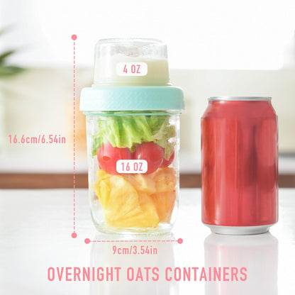 4oz 16 oz 2Pack, Glass Overnight Oats Containers with Lids Yogurt Parfait Cups with Dry and Wet Separation, Breakfast