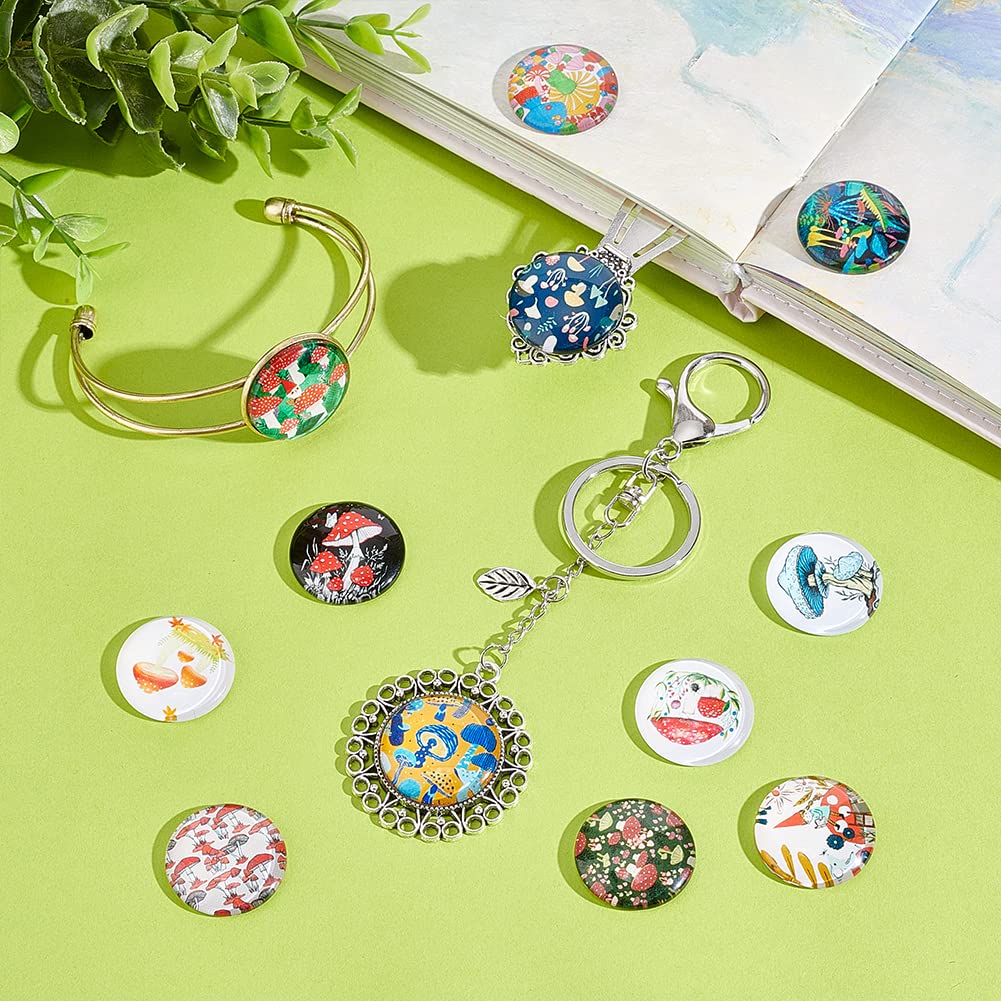 PH PandaHall 25mm Mushroom Glass Cabochons 50 Styles Half Round Tiles Glass Cabochons Dome Gems for Photo Cameo Pendant Jewelry Making Handcrafts Scrapbooking