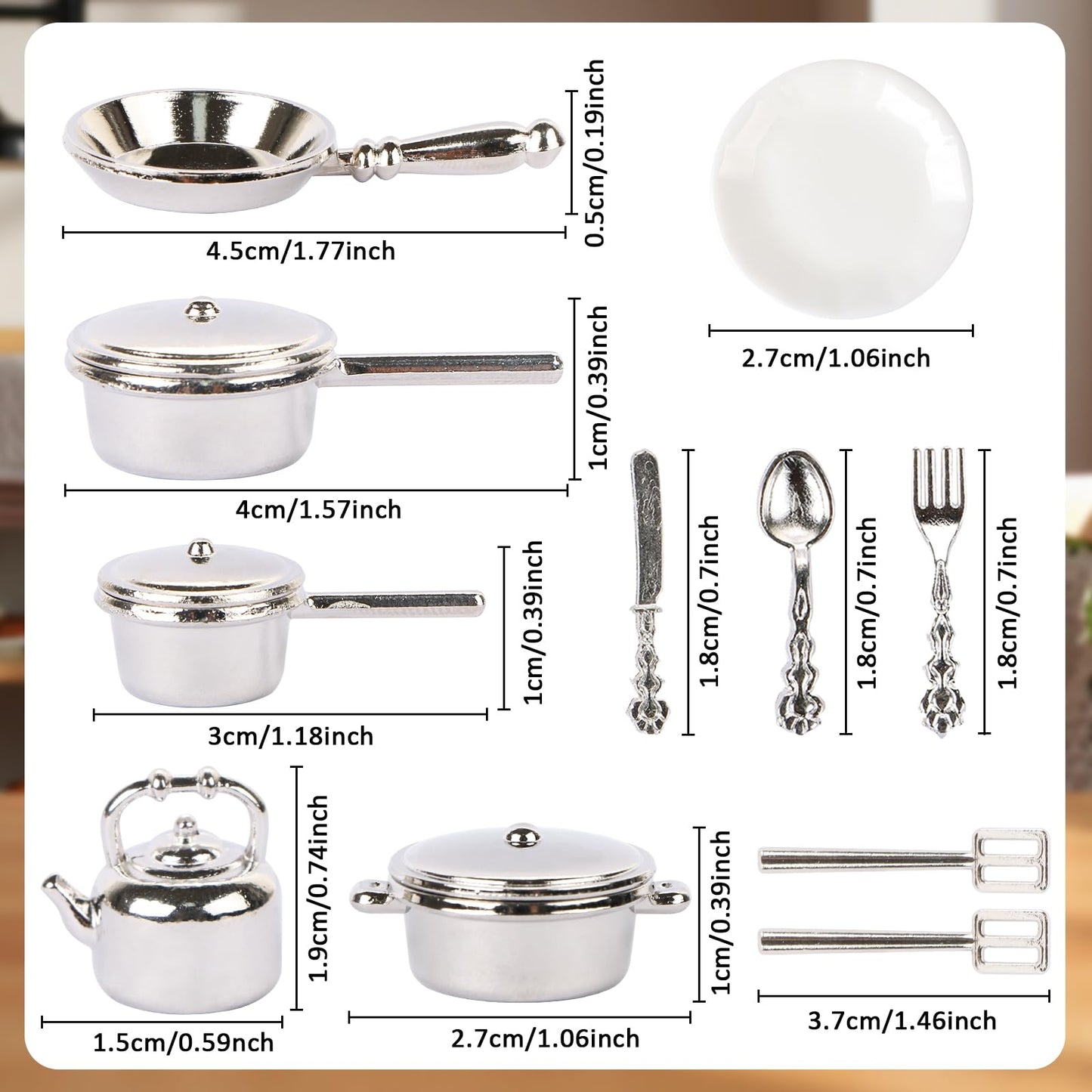 26 Pieces Dollhouse Miniatures Kitchen Set Metal Miniature Baking Set Include Mini Pots Mini Pans Plates Knife Fork Spoon for Dollhouse Party Decoration Supplies