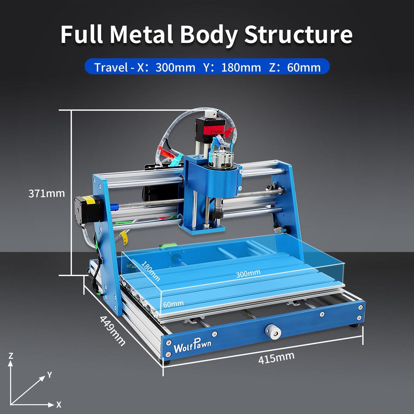 WolfPawn 3018 CNC Machine All-Metal CNC Router Machine, with Offline Controller/Emergency-Stop 3 Axis Plastic Acrylic PCB PVC Wood Carving Milling Engraving Machine, XYZ Working Area 300x180x60mm