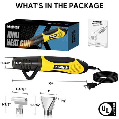 ROMECH 350W Heat Gun with 2 Nozzles, Dual Temp Heat Gun 400°F-660°F, Fast Heat Hot Air Gun with Overload Protection for DIY Craft Embossing Shrink Wrapping (Yellow)