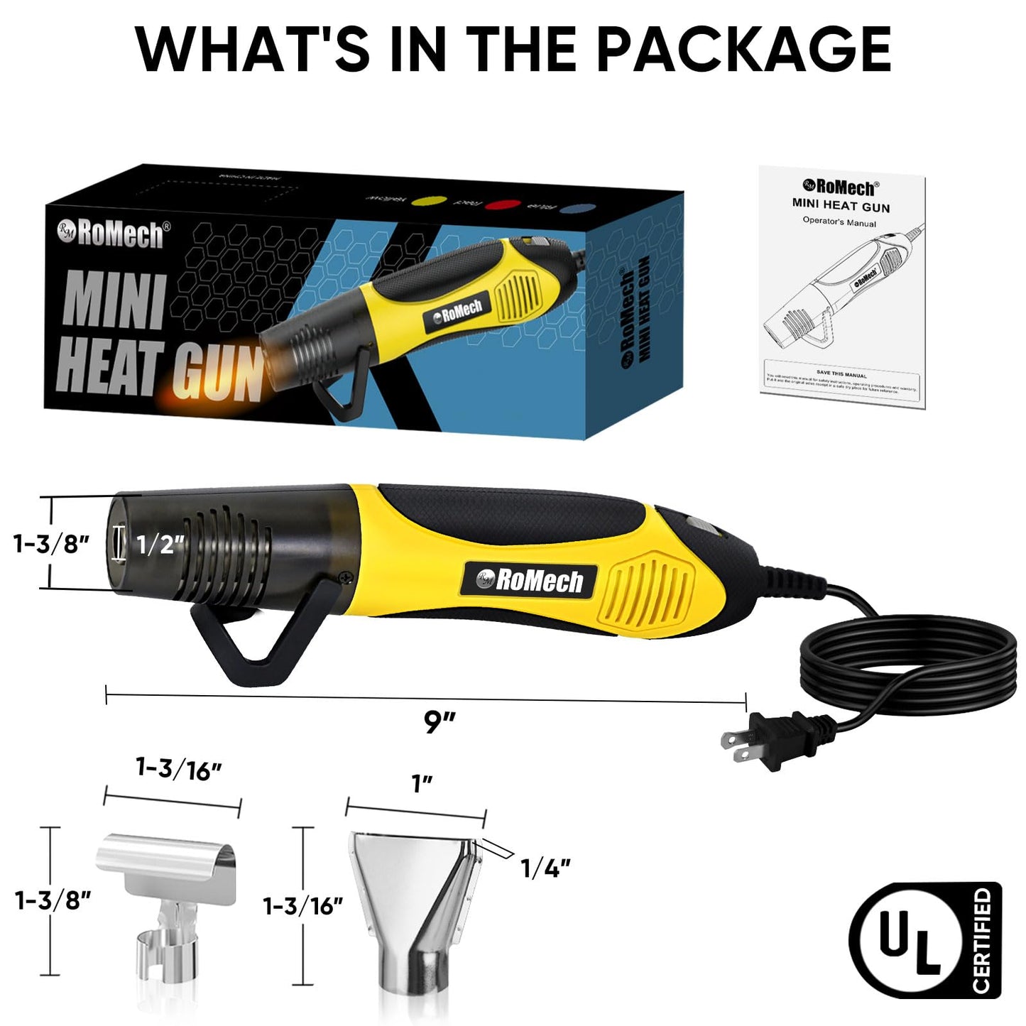 ROMECH 350W Heat Gun with 2 Nozzles, Dual Temp Heat Gun 400°F-660°F, Fast Heat Hot Air Gun with Overload Protection for DIY Craft Embossing Shrink Wrapping (Yellow)