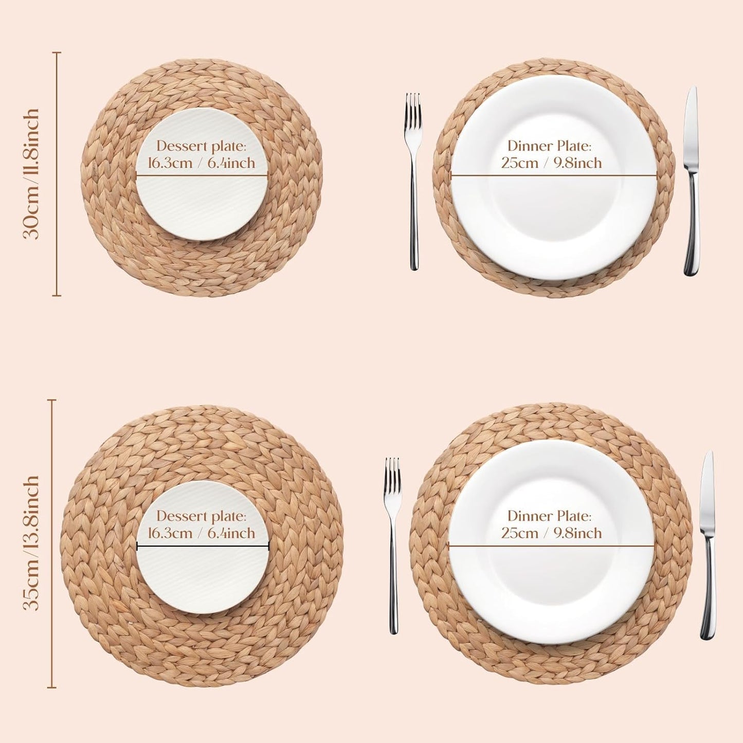 10 Pack, Round Woven Placemats, Natural Water Hyacinth Place mats, Braided Straw Table Mats for Dining Table, Christmas Placemats (13.8 inch)
