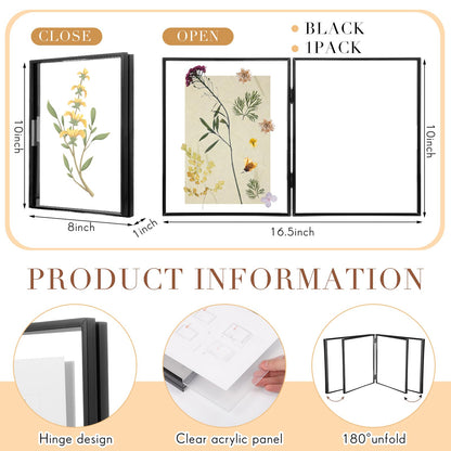 Sintuff 8" x 10'' Brass Double Picture Frame Clear Double Folding Hinged Frame Acrylic Memorial Photos Displayed Stand for Desktop Artwork Plants Specimen Graduation Christmas Gifts(Black)