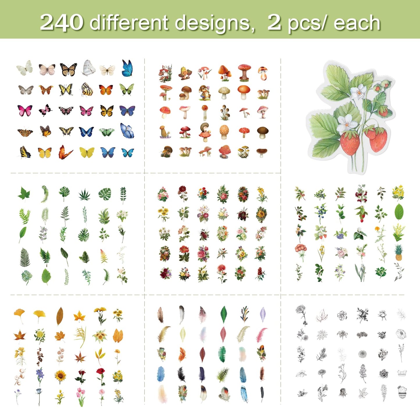 Imeepa Scrapbooking Stickers 480Pcs Plants Stickers, 8 Series Nature Theme, Flowers Mushroom Butterfly Feather Stickers for Scrapbook Journaling DIY Crafts Planners Art