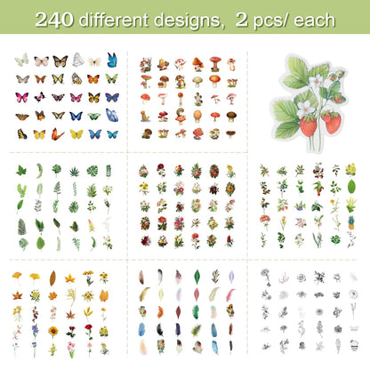 Imeepa Scrapbooking Stickers 480Pcs Plants Stickers, 8 Series Nature Theme, Flowers Mushroom Butterfly Feather Stickers for Scrapbook Journaling DIY Crafts Planners Art