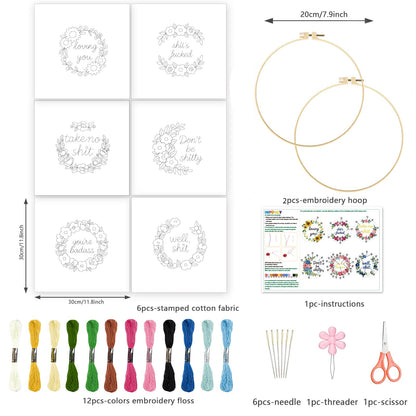 INFUNLY 6 Pack Wreath Embroidery Starter Kit for Beginners Inspirational Word DIY Embroidery Kits for Adult Loving You Stamped Needlepoint Set with Step-by-Step Instructions Threads Craft Lover Gift