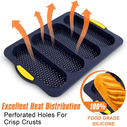 XenMee 2 Pcs Silicone Bread Loaf Pan, Non-Stick Baguette Bread Pan Food Grade, 4-Cavity Perforated French Baking Mold for Homemade Bread, French Baguette, Sandwich Rolls