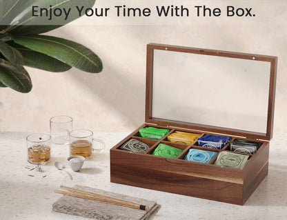 Danfoxer Acacia Wood Tea Bag Organizers, Tea and Sugar Packet Storage Chest,Wooden Teabag Holder Containers,Teabox Storage Box with 8 Compartments and Clear Acrylic Top Window