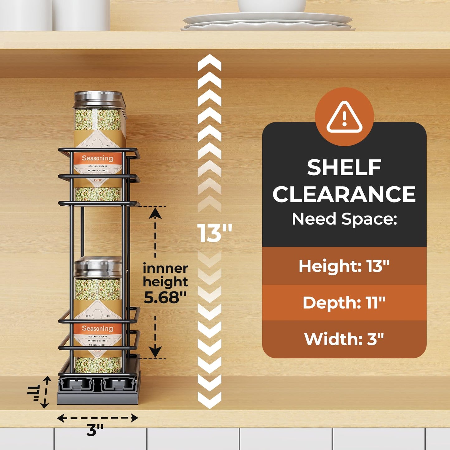 Pull Out Spice Rack Organizer for Cabinet, Slide Out Spice Racks, Easy to Install, 2.1''Wx10.35''Dx8.26''H, 3 Drawers 2 Tiers(Black)
