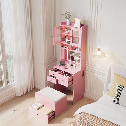Hetoy 3-in-1 Vanity Desk with Sliding LED Mirror, AC Outlets & USB-C, 4 Drawers, Acrylic Doors, Storage Stool, Cushioned Chair - Complete Makeup Dressing Table Set for Bedroom - Pink
