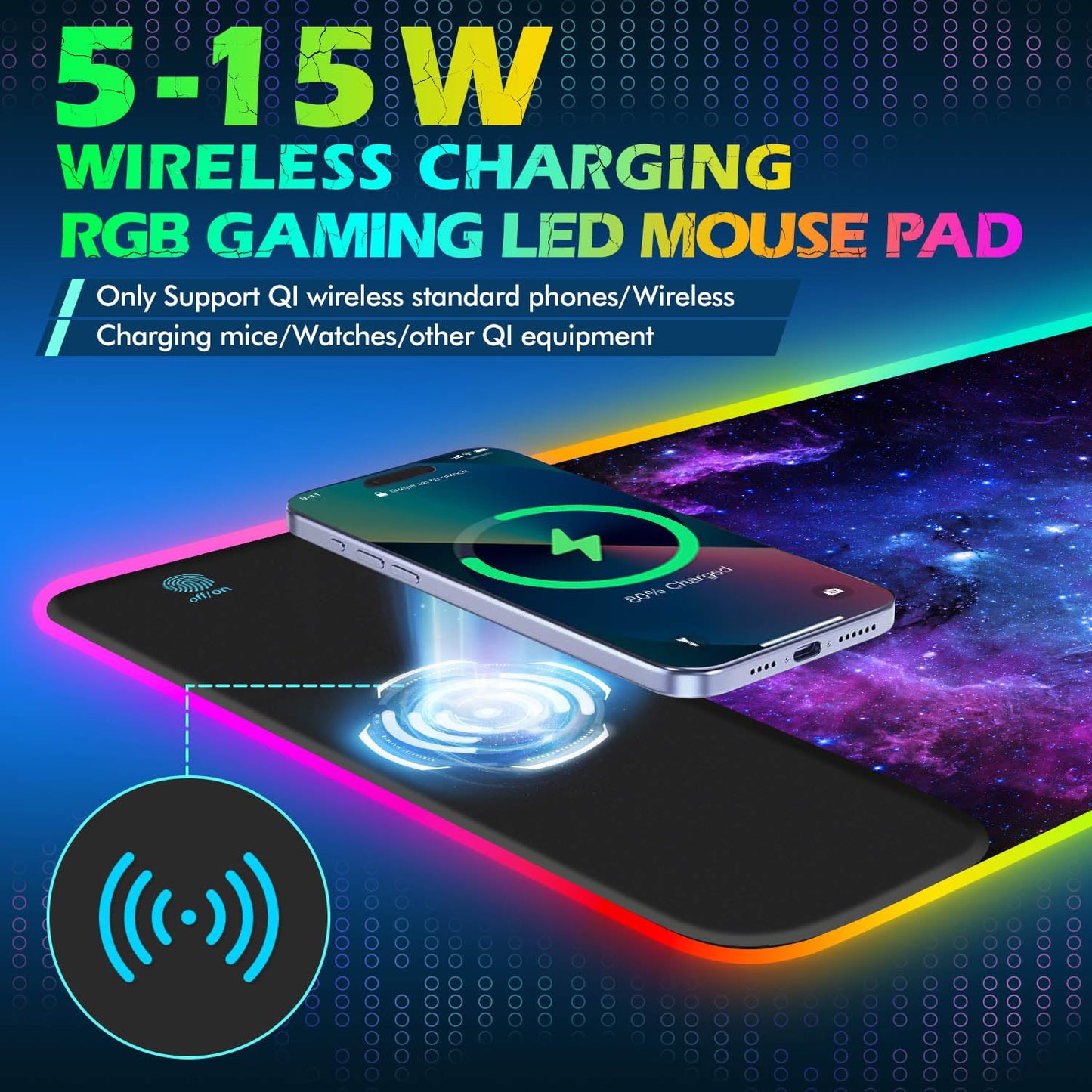 ToLuLu RGB Gaming Wireless Charging Mouse Pad, 5/7.5/10/15W 10 Light Modes LED Mouse Pad Computer Keyboard Mat Mousepad, 800x300x4MM Extended Large Desk Mat for Gaming, MacBook, Laptop, PC, Galaxy