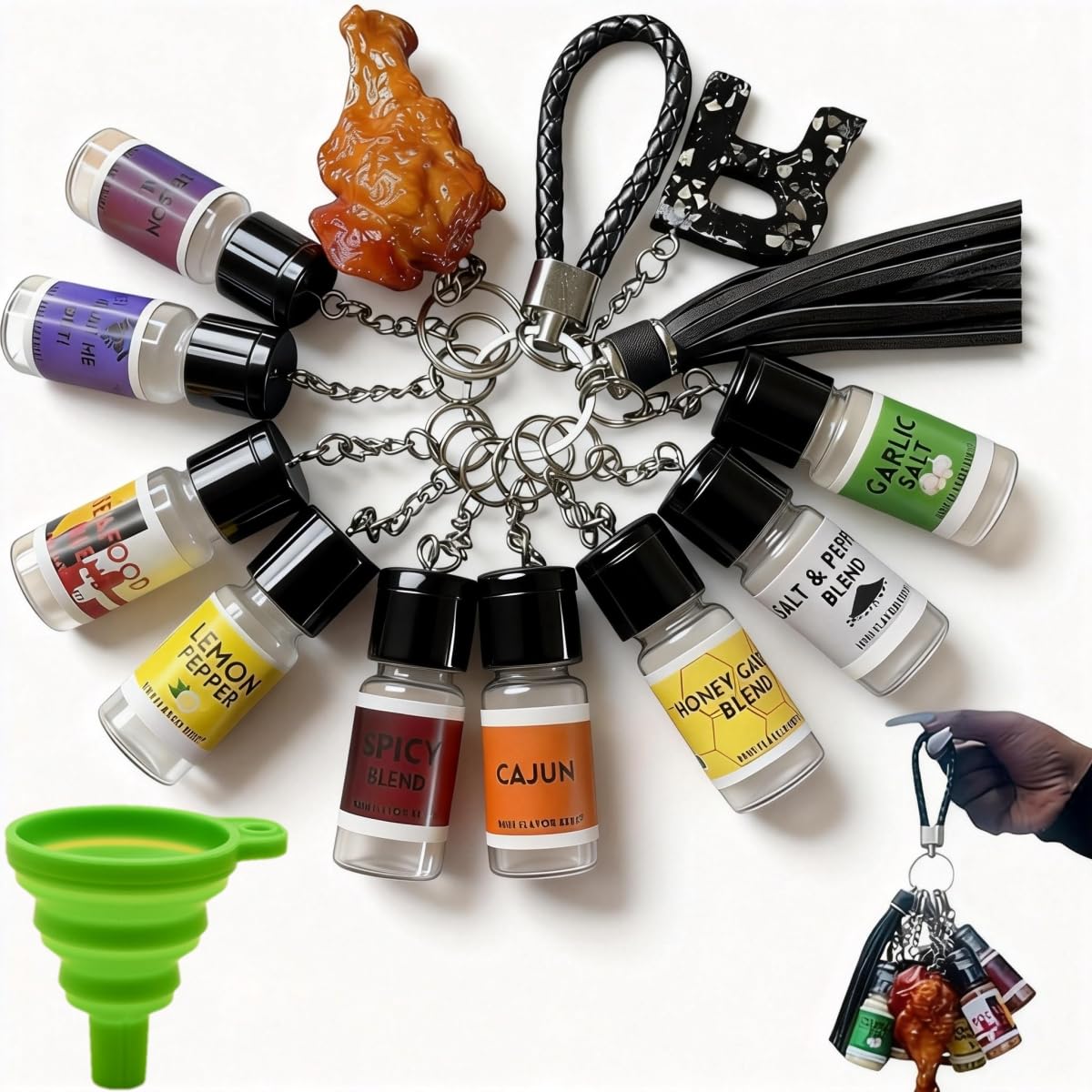 Mini Seasoning Keychain Set with 9 Portable Spice Bottles - Leak Proof Realistic Travel Containers for BBQ, Camping, Picnic, Cooking Outdoors