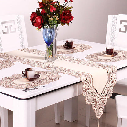 15" 69" X Vintage Flower Embroidered Table Runner, Classic Polyester Lace Cream Floral Dresser Scarves Party Dining