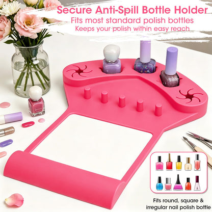 3-in-1 Silicone Nail Arm Rest & Nail Polish Holder for Manicure and Pedicure,Hand Rest Mat with Anti-Spill Bottle Stand & Finger Separators for Nail Art Tools,Fingernail Painting Accessories(Rose Red)