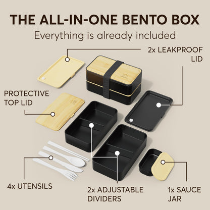 Umami Bento Box Adult All-In-1 w/4 Utensils, Big Sauce Jar, 2 Dividers, 100% Leakproof, Microwave & Dishwasher Safe Stackable Bento Lunch Box Containers for Men/Women, Black & Bamboo, 40 oz