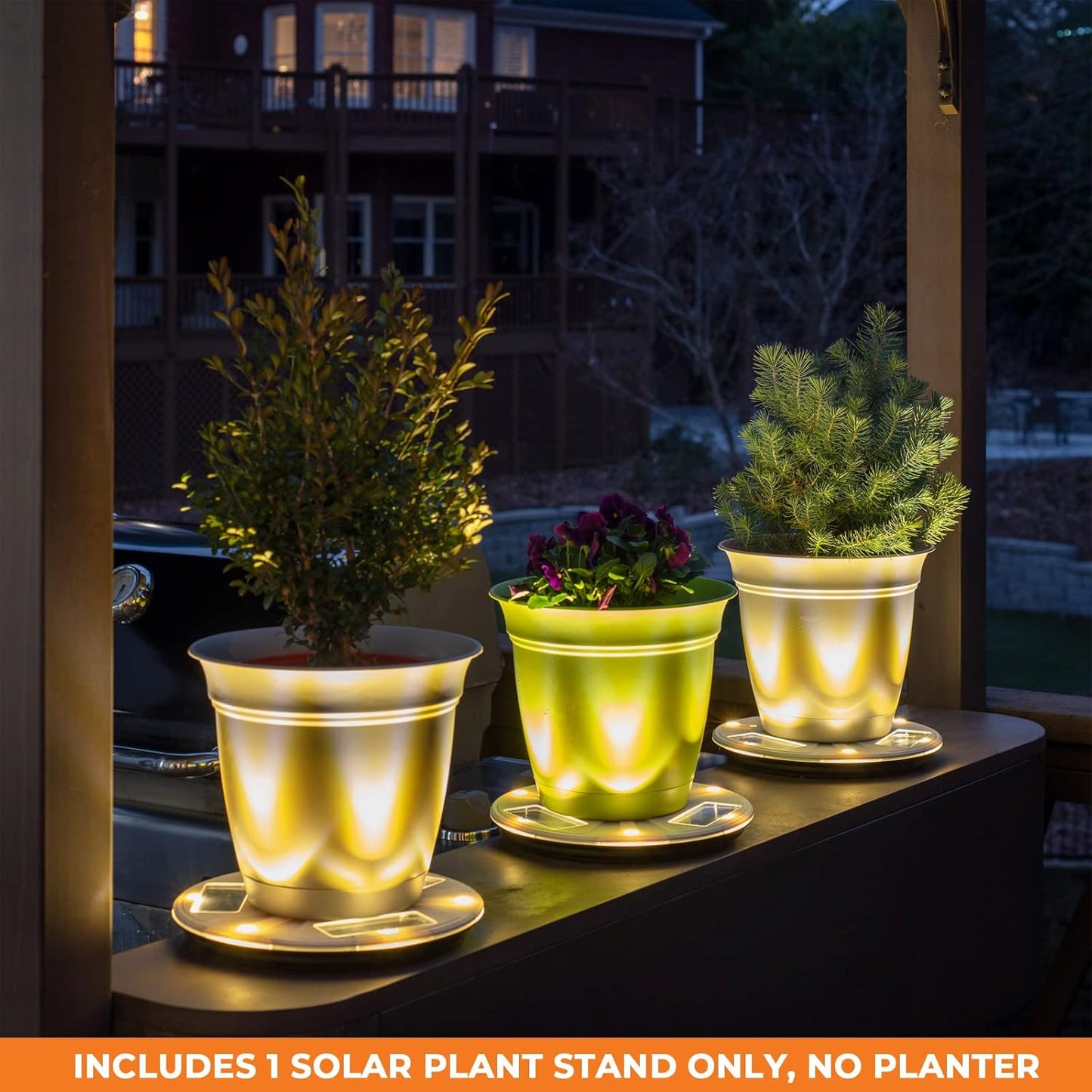 (77i50265) Gama Sonic Illuminated Plant Stand for Outdoor, Solar Power, White Base for Exterior Potted Plants