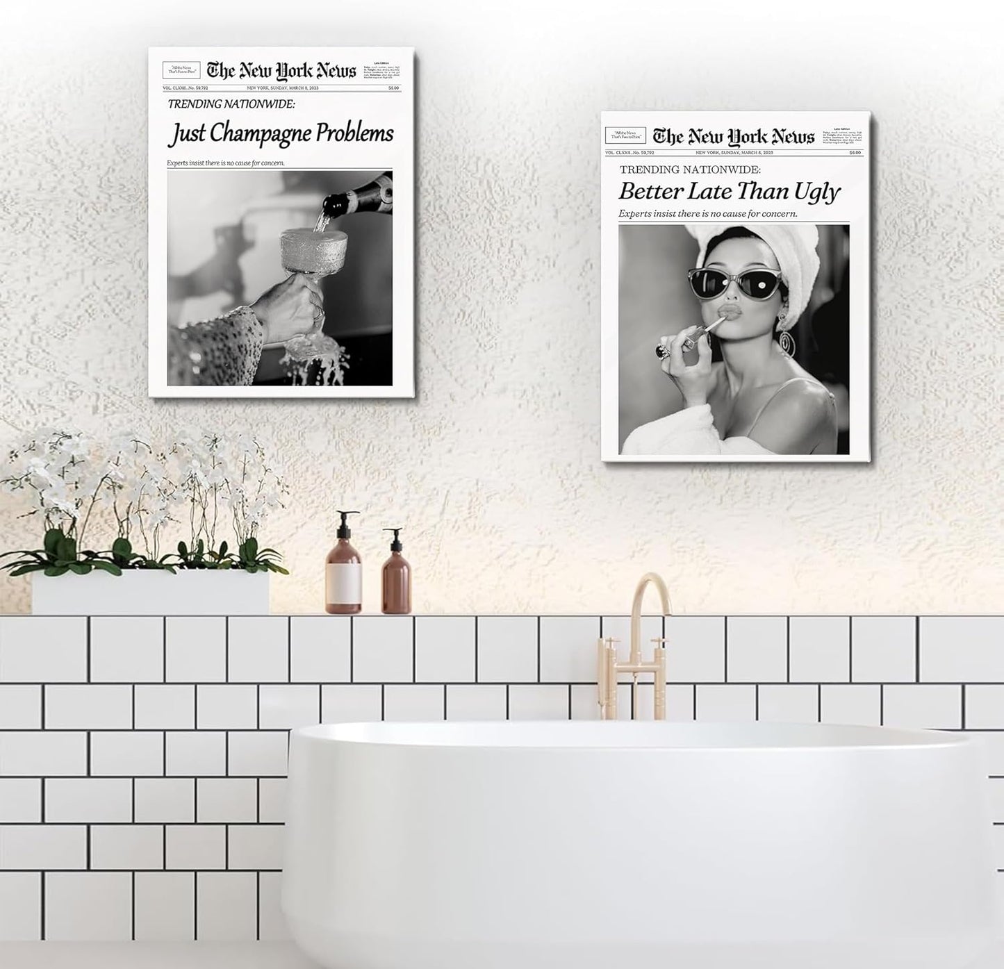 hottaacanvas 12x16 Champagne Problems Newspaper Framed Wall Art,Trendy Retro Black and White Wall Art for Bar Cart