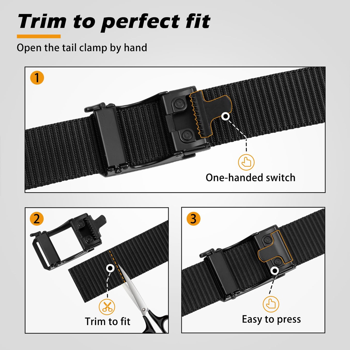 JUKMO Men's Ratchet Tactical Belt, 1.5" Nylon Web Work Belt with Automatic Slide Buckle, Adjustable Trim to Fit (Black, Large)