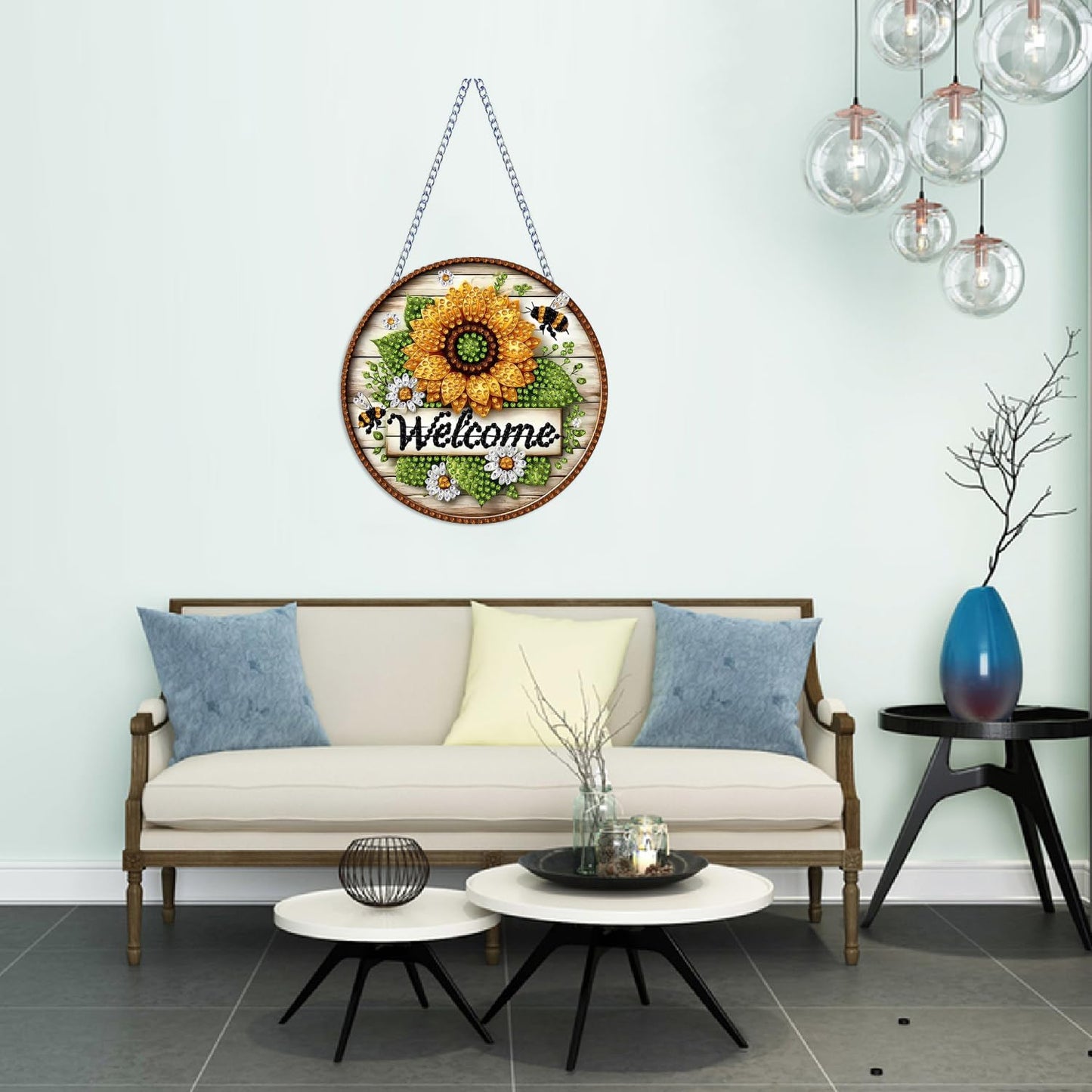 STGLCR DIY Welcome Wreath Acrylic Diamond Art Painting Kits Special Shaped Rhinestone Round Flower Bee Diamond Art Window Pendants Hanging Kits Mosaic Making Kits by Number Kits for Home Garden Wall