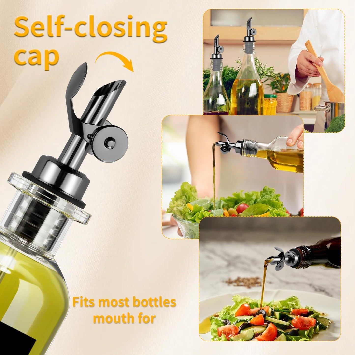 4 Pack Professional Olive Oil Dispenser Spout Stainless Steel Pour Spouts, Weighted Olive Oil Spout with Auto Flip Dust