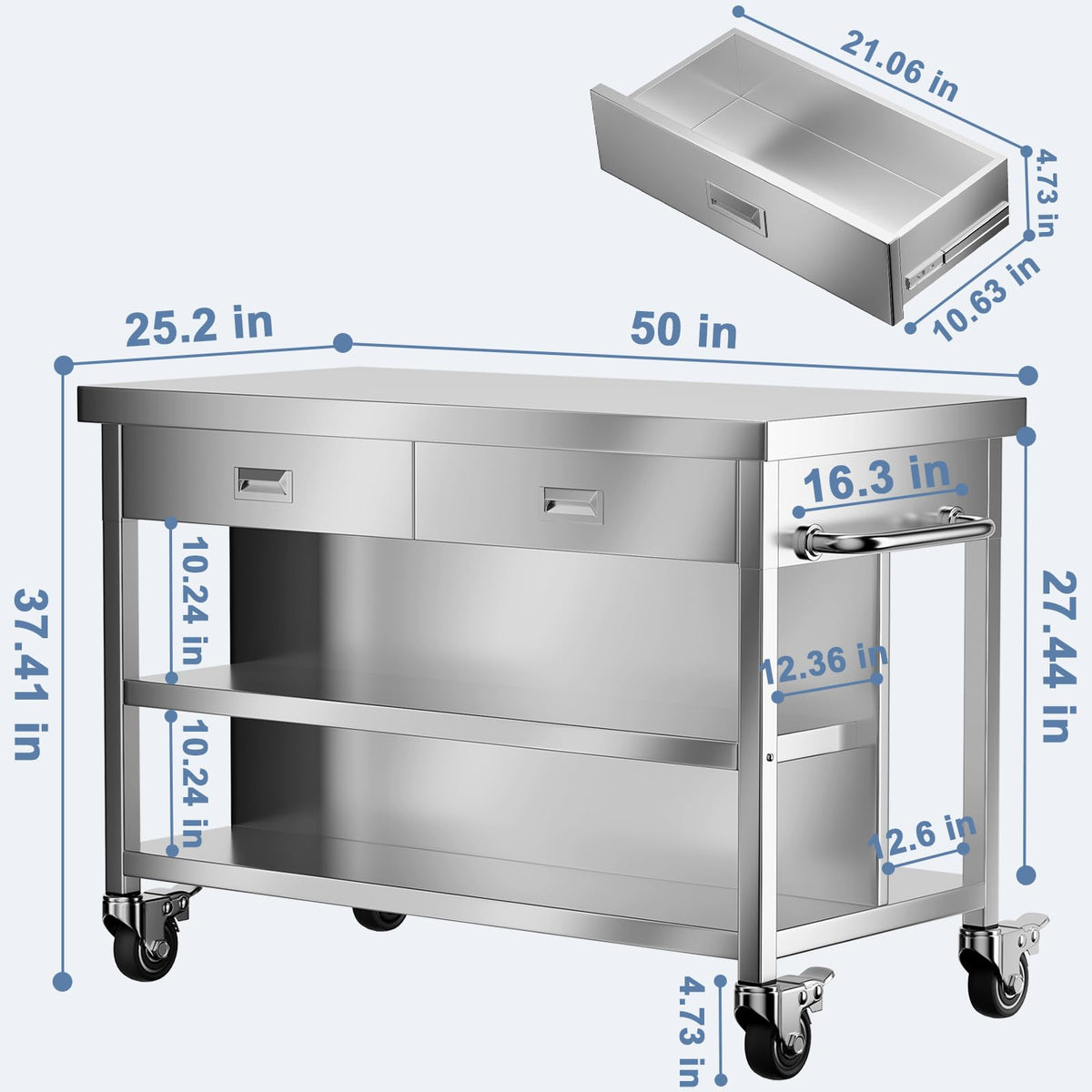 KINGBO 50" Stainless Steel Kitchen Island with Storage, Rolling Kitchen Island Table with 2 Drawers on Wheels, Portable Island Cart for Kitchen, Outdoor, Restaurant, Cafe