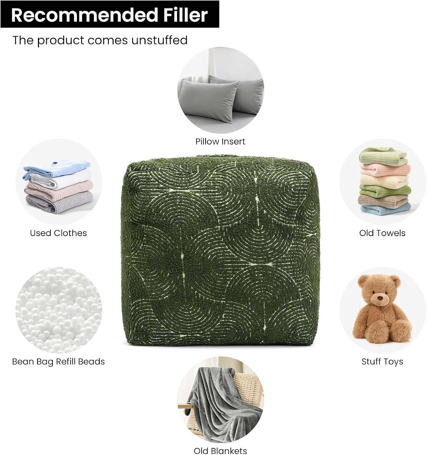 18"x18"x18", AELS Unstuffed Boho Textured Pouf Cover, Organic Modern Mid Century Rainbow Tufted Storage Bean Bag Cubes