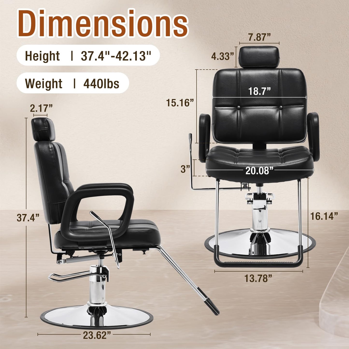 Barber Reclining Chair with Headrest - Heavy Duty Hydraulic Pump Height Adjustable,360°Swivel ,Max Load Weight 440 Lbs,Beauty Salon Spa,Barbershop,Hairdresser Cutting,Styling Stylist,Braiding,Black