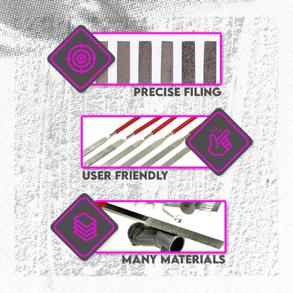 SE 74330DF 6-Piece Flat Diamond Grit File Set - Multi-Grit for Metals, Glass, Stones - 7" Length, 2" Diamond Surface, Round Handles - Includes PVC Pouch