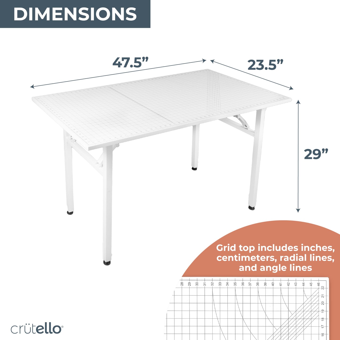 Crutello Fabric Cutting Table for Sewing Room - 48x24 inch Grid Top Folding Craft Table for Adults - Steel Folding Storage Legs for Sewing Machine, Hobby and Crafting Room - Patent Pending