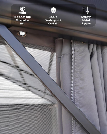 12'X12' Hardtop Gazebo, Outdoor Double Roof Galvanized Steel Gazebo, Aluminum Heavy-Duty Steel Top Canopy with Mosquito Net & Privacy Curtain for Patio, Porch, Garden, Lawn, Deck, Backyard,Gray