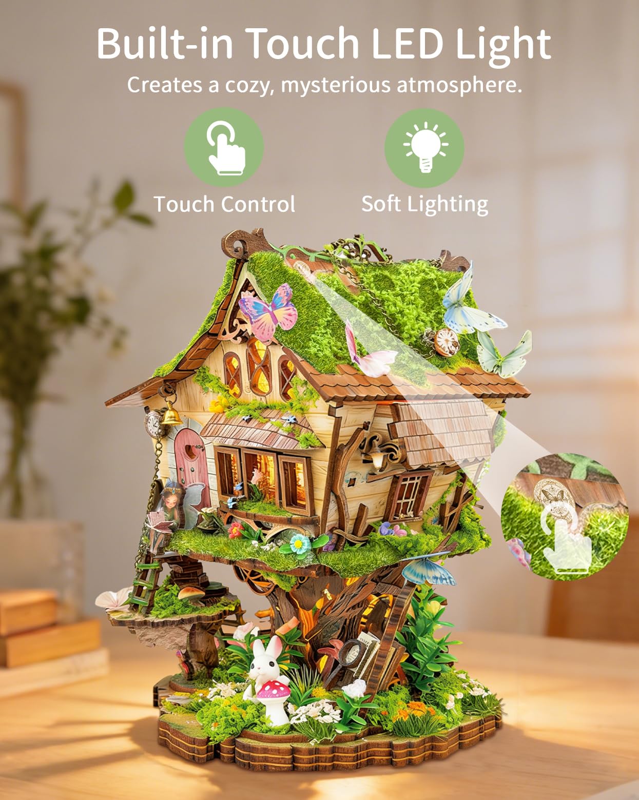 BELEEV DIY Miniature House Kit with LED Light, Fantasy Tree House Book Nook Kit for Adults, 3D Wooden Puzzle Model Building Kit, Dollhouse Bookshelf Decor, Creative Crafts Gift for Teens Adults