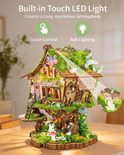 BELEEV DIY Miniature House Kit with LED Light, Fantasy Tree House Book Nook Kit for Adults, 3D Wooden Puzzle Model Building Kit, Dollhouse Bookshelf Decor, Creative Crafts Gift for Teens Adults
