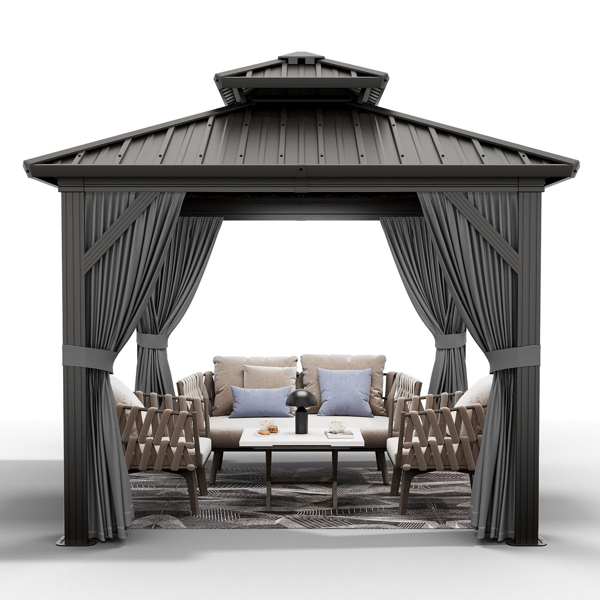 PeakPursuit 10'x10' Hardtop Gazebo, Heavy Duty Aluminum Permanent Hardtop Gazebo Outdoor Pavilion with Curtains and Netting for Garden