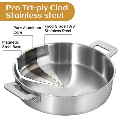 LOLYKITCH Sauté Pan, 6QT Tri-Ply Stainless Steel Deep Cooking Pan, 12 Inch Everyday Pan with Lid, Large Induction Frying Skillet Compatible with All Cooktops, Two Ergonomic Handles for Conversion