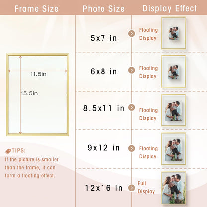 Golden State Art, 12x16 Floating Frame, Gold Aluminum Picture Frame, Clear Glass Display Any Size Photo up to 12 x 16, Home Gallery Wall Decoration, Display Horizontal and Vertical