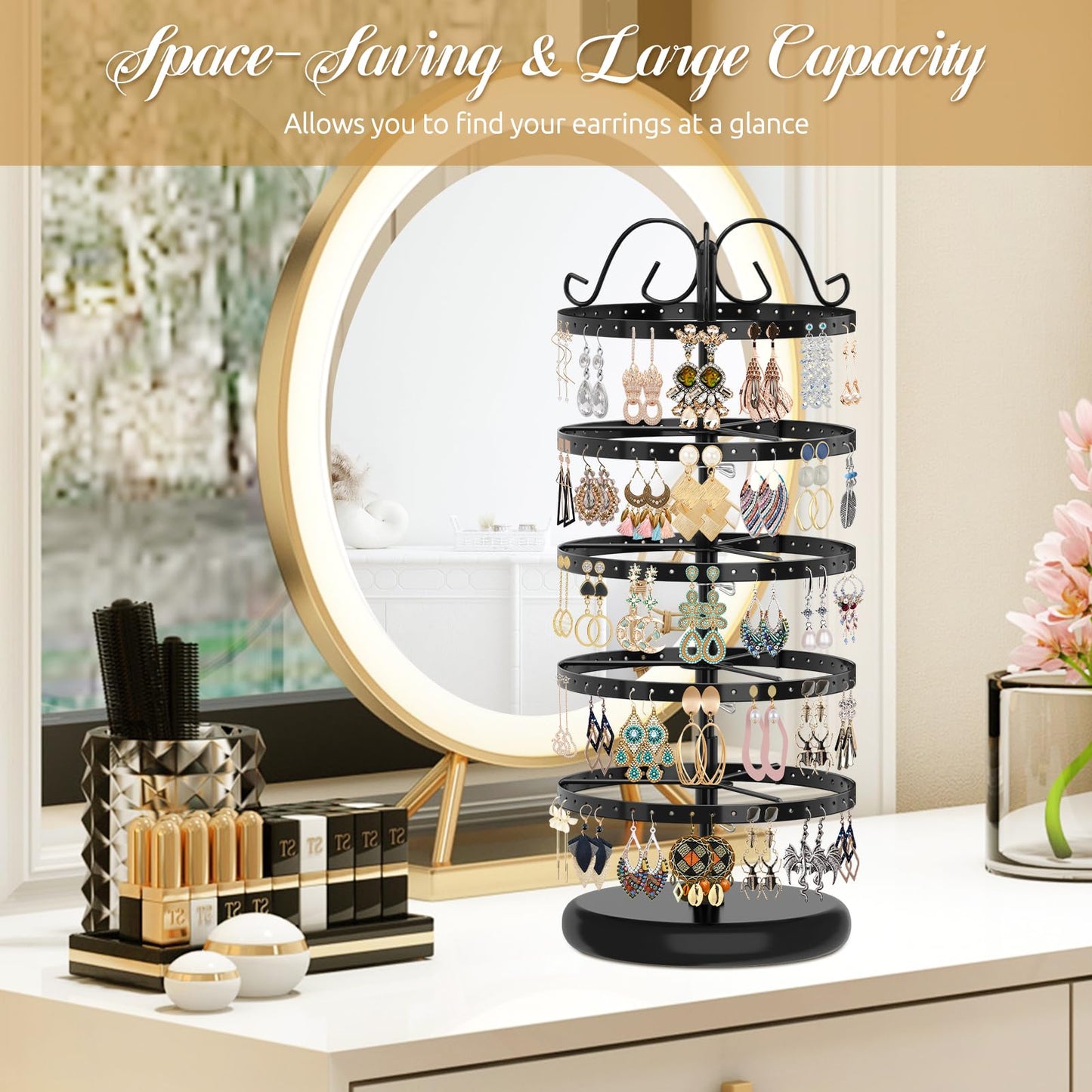 MODOWEY Rotating Earring Holder Organizer Stand, 5 Tier Metal Tree Display for Women Vendors, 220 Holes Adjustable Jewelry rack for Stud Hoop Dangle Storage, Trendy Carousel Keeps Dresser Neat, Black