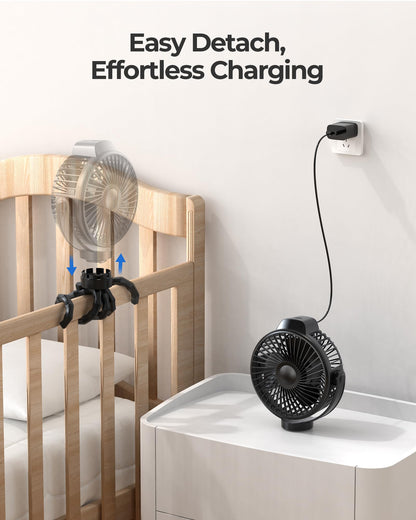 Koonie Portable Stroller Fan for Baby, Rechargeable Battery Operated, 3 Speeds, 360° Rotation, 25db Low Noise,Digital Display, Detachable Flexible Tripod Clip-on Car Seats, Tent, Crib, Treadmill