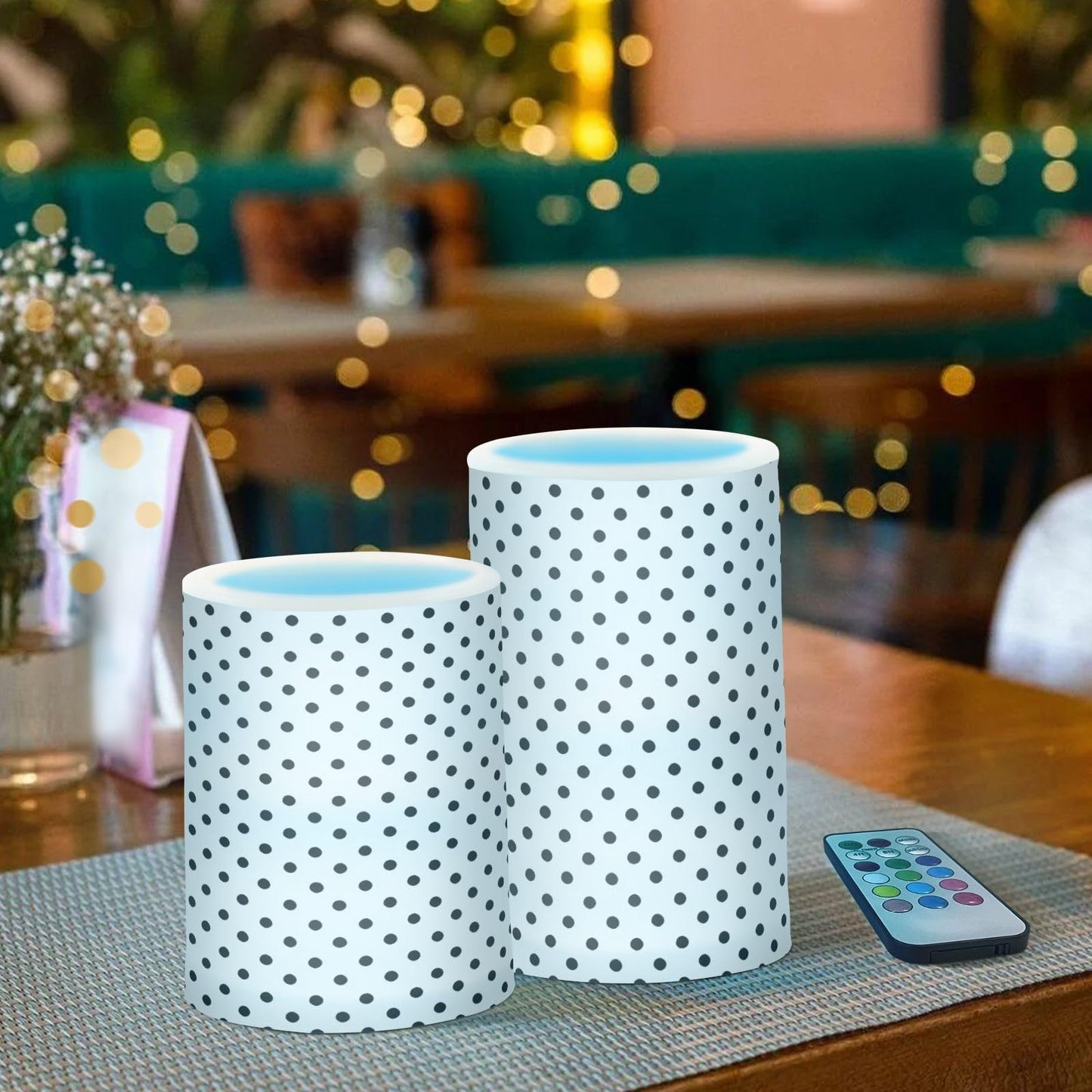 Gravopti Black White Polka Dot Flameless LED Pillar Candles Set, Battery Operated with Remote Timer, 3" x 5" & 3" x 4" Indoor Outdoor Decor (2 Pack)