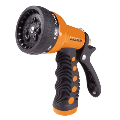 Dramm Revolver Heavy Duty 9 Pattern Quick Click Adjustable Garden Hose Spray Nozzle with Trigger Style Handle, for your Car, Boat, Deck, Sidewalk, Flowers and Young Trees, Orange