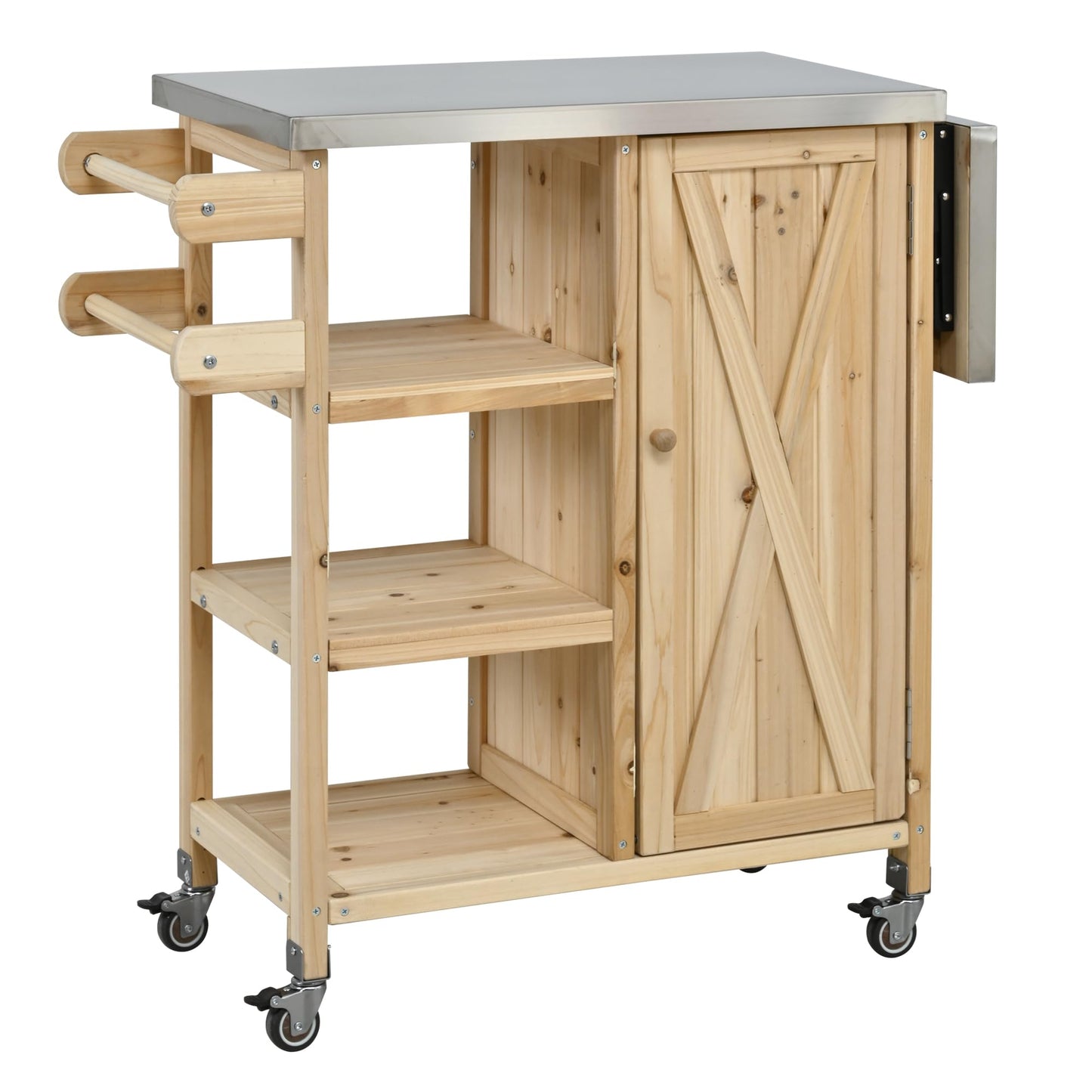 Foldable Outdoor Kitchen Island Cart with Stainless Steel Top, Rolling Grill Table with Storage Cabinet Shelves and Double Towel Rack, Wooden BBQ Prep Station with Lockable Wheels for Patio, Natural