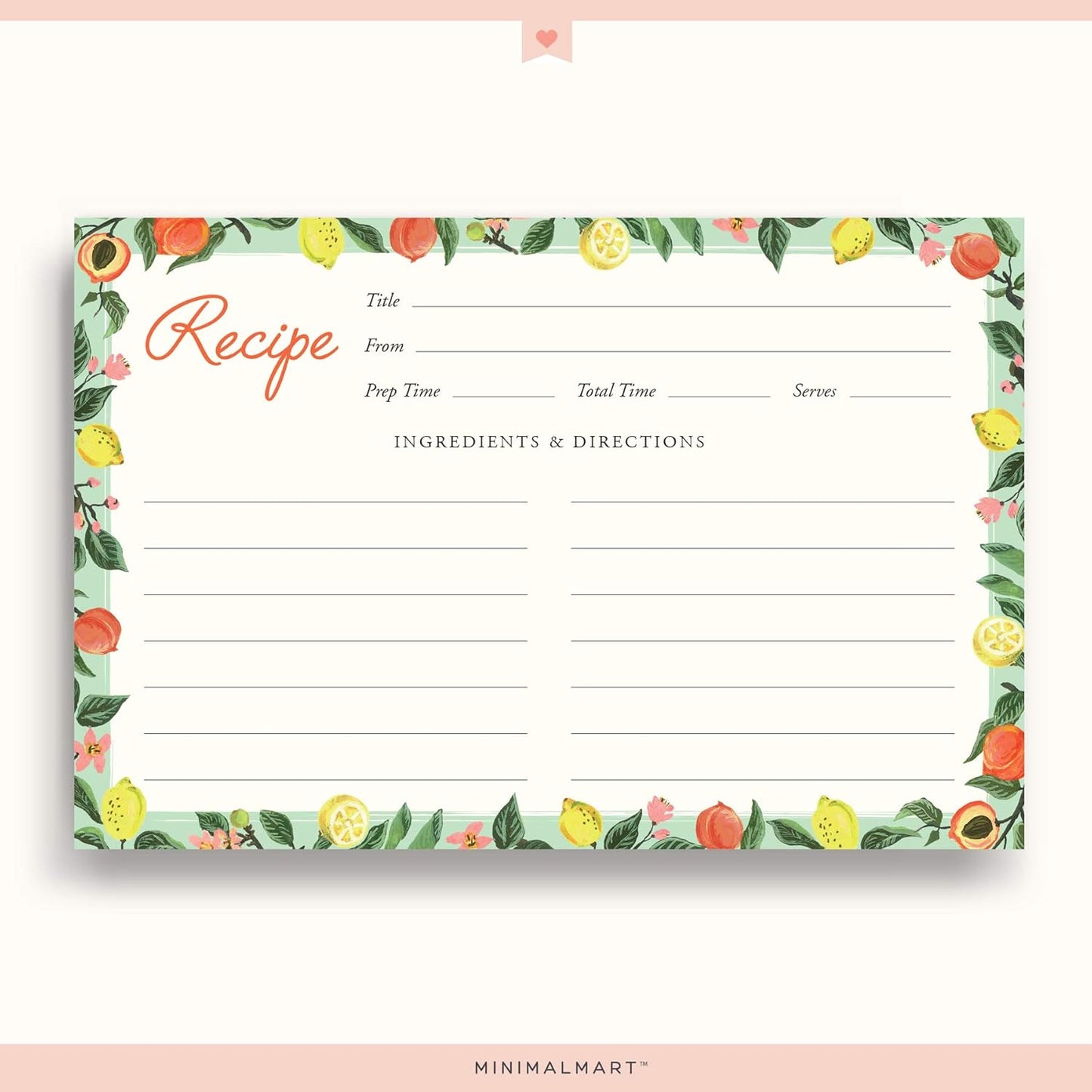 Lemon & Peach Recipe Cards - 4" x 6" Thick Premium Card Stock, Set of 50 for Recipe Box or Binder
