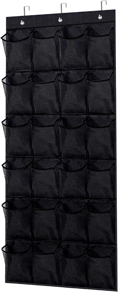 Over the Door Shoe Organizer - Black Mesh Organizer with 24 Pockets and Hooks for Space Saving Shoe Storage