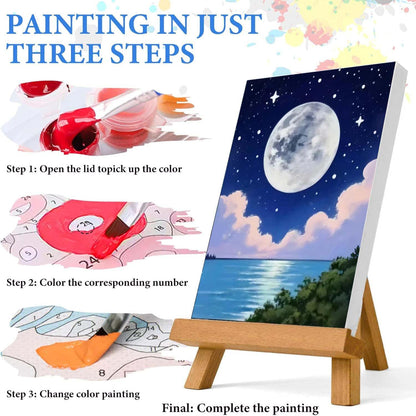 4 Pack Paint by Numbers for Adults with Framed Canvas - with Wooden Easel, Beach Paint by Number on Canvas, DIY Moon Landscape Acrylic Oil Painting Kits with Brushes for Home Wall Decor (8x12 inch)