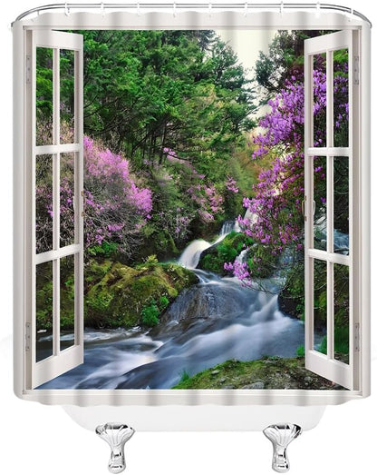 Waterfall Shower Curtain, Nature Green Forest Pink Purple Floral Landscape Bathroom Decor Fabric Curtain with Hooks