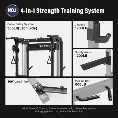 MAJOR FITNESS F22 Power Rack with Weight Bench, Barbell & 230lbs Weight Plates, 1600lbs Heavy-Duty All-in-One Squat Rack with Cable Crossover, Dual Pulley System & Attachments for Home Gym, Khaki