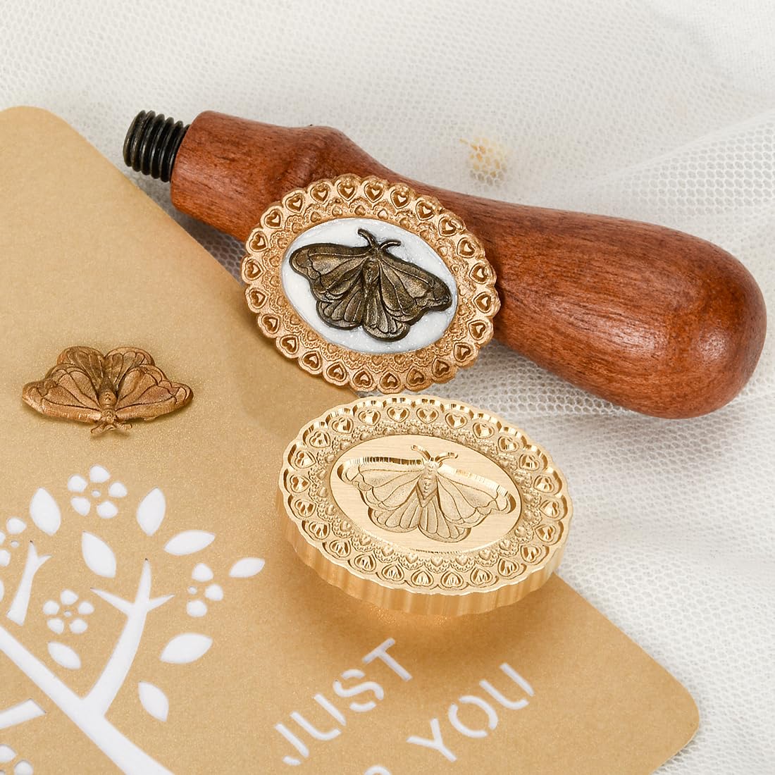 3D Embossed Moth Wax Seal Stamp - Wooden Handle with Brass Metal Head, Defor for Envelope/Bag/Gift Packing, Making Product Tag Arts Crafts DIY