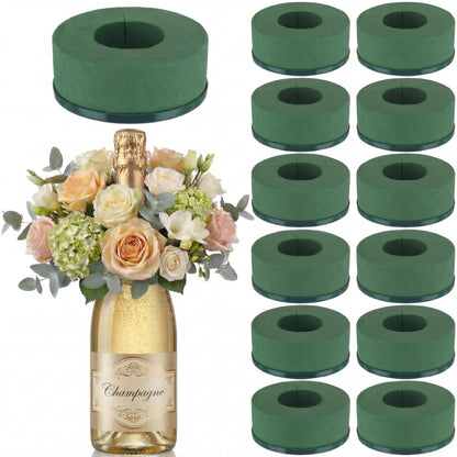 Wonderjune 12 Pcs Mini Floral Foam Holder for Wine Bottle Topper Green Flower Foam Round with Base Flower Arrangement Supplies for Wedding Party Table Decoration Wine Bottle Decor (3.9 x 1.8")